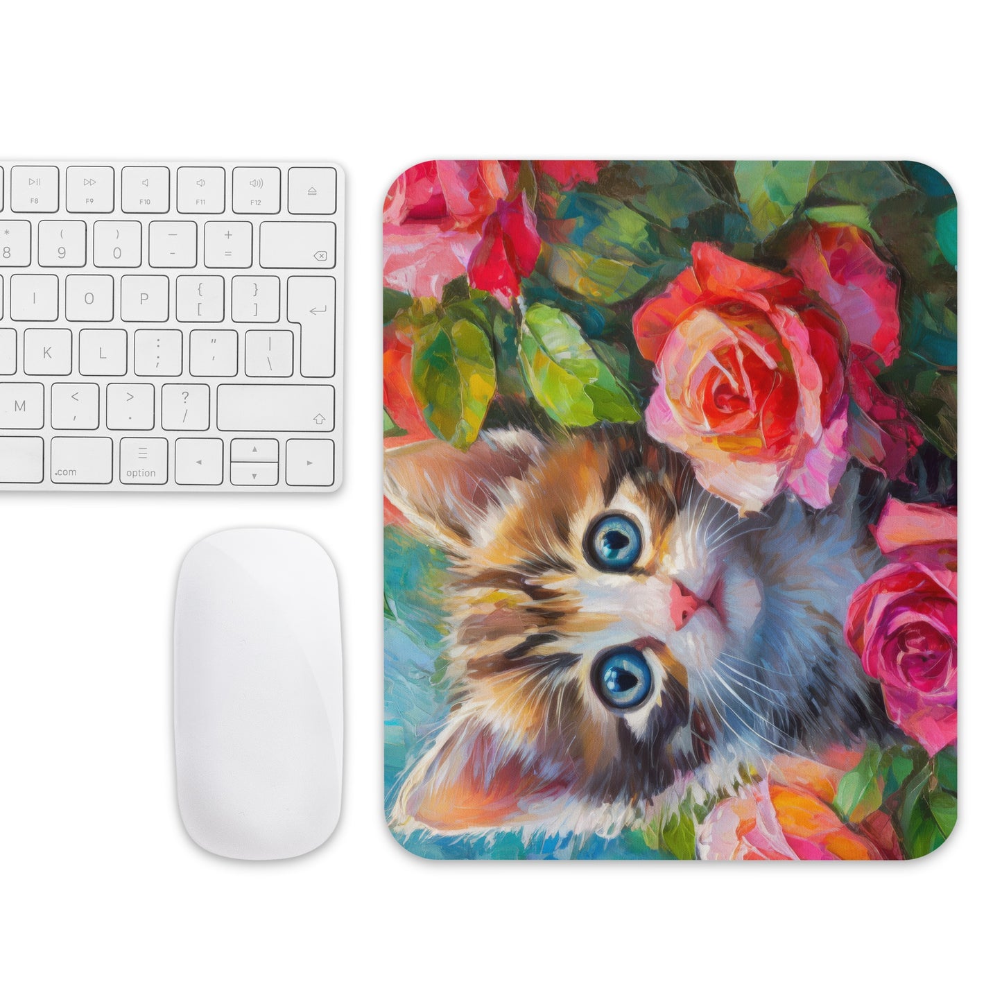 Adorable Kitten in Rose Bush Mouse Pad - Vibrant Oil Painting - Stylish And Colorful Desk Accessory Or Gift For Cat, Nature, Flower Lovers