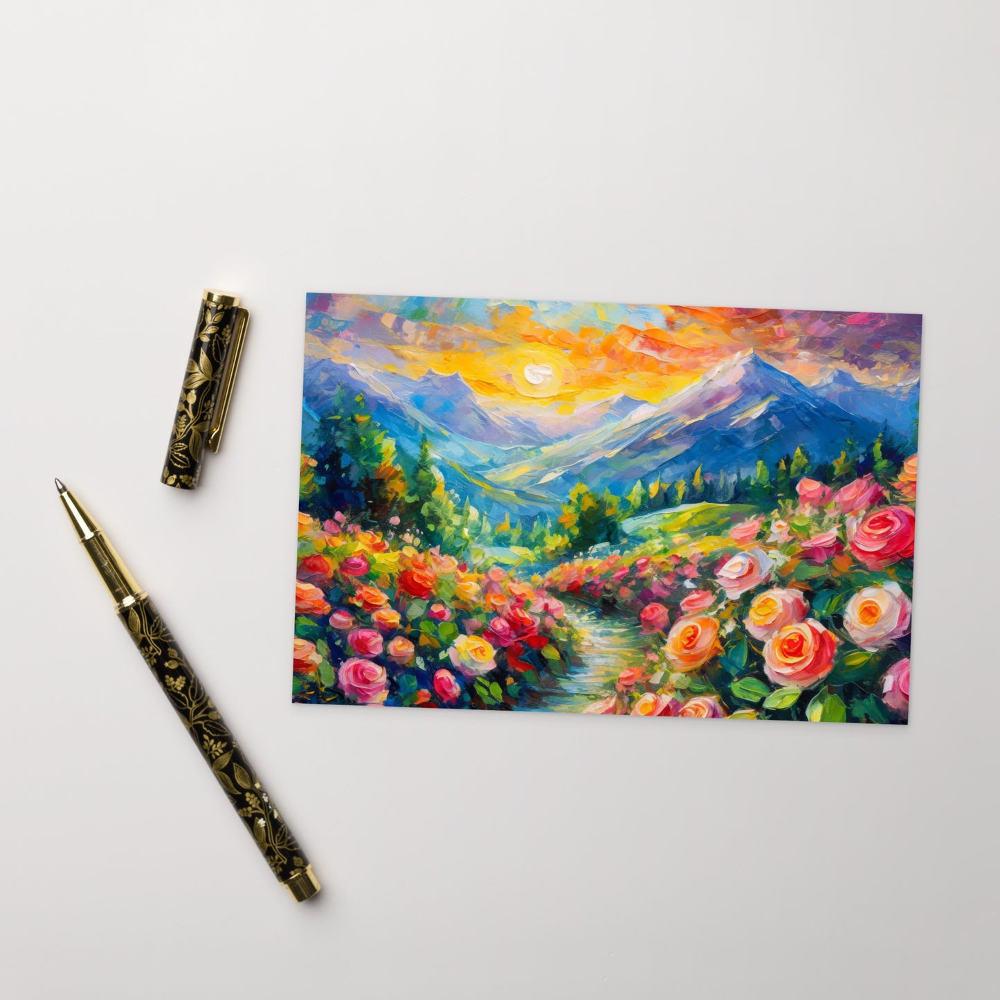 Majestic Mountain Sunset Postcard - Vibrant Oil Painting With Roses & Grass Path - Stylish, Colorful Scenic View - Great For All Occasions