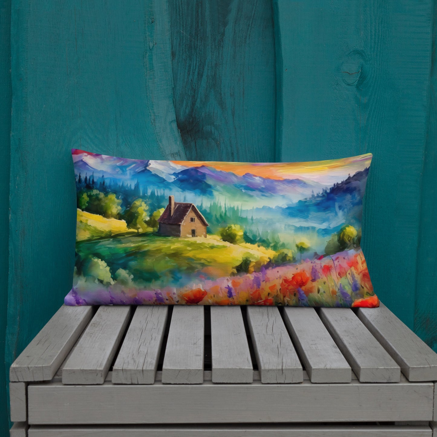 Premium Pillow With Van Gogh-Inspired Colorful Mountain Sunset Oil Painting – Vibrant Cabin & Flower Fields, Perfect For A Home Decor Gift