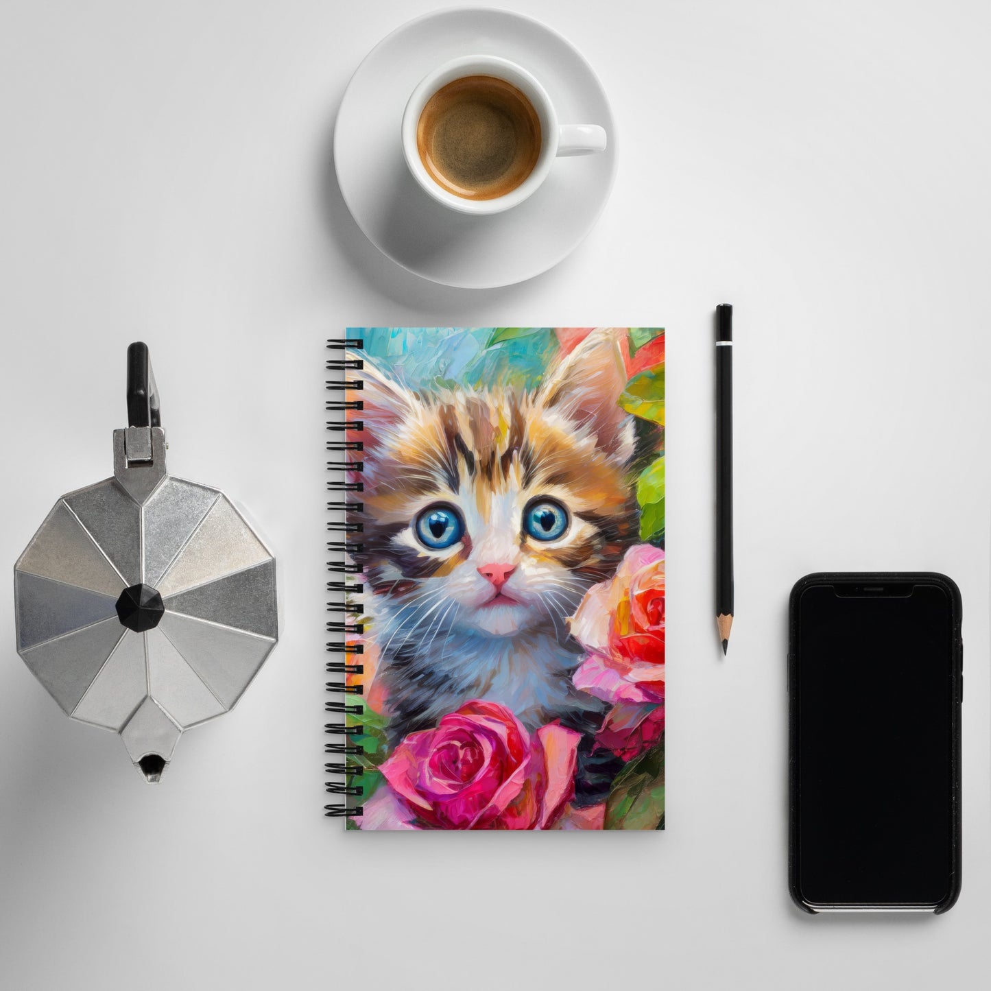 Adorable Kitten In Rose Bush Spiral Notebook - Vibrant, Stylish, And Colorful Oil Painting - Perfect Gift For Nature, Cat, And Flower Lovers