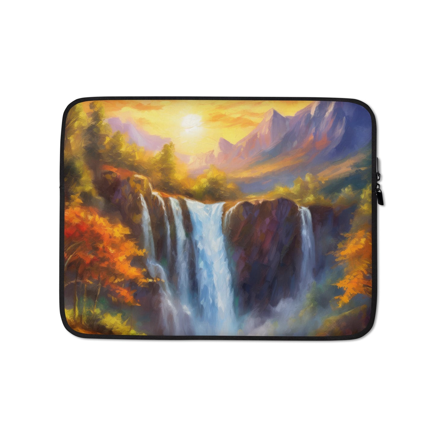 Majestic Mountain Range Laptop Sleeve - Scenic Autumn Sunset, Cliff And Waterfall - Colorful And Stylish - Perfect for Home & Country Décor