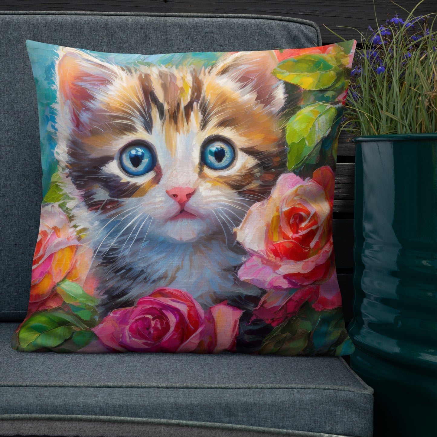 Premium Pillow With Adorable Kitten In Rose Bush Oil Painting – Perfect Gift For Cat & Flower Lovers, Soft And Beautiful Home And Bed Decor