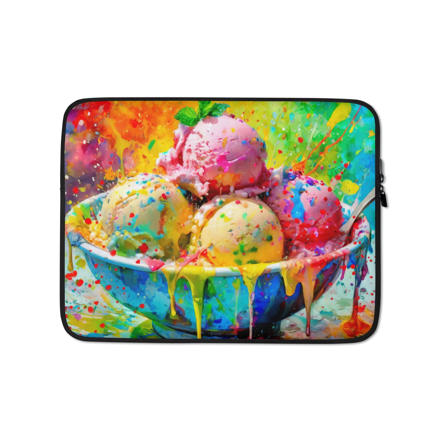 Vibrant Ice Cream Bowl Laptop Sleeve - Colorful Painting & Design, Stylish Neoprene Case, Rainbow Background, Art Lover's Tech Accessory