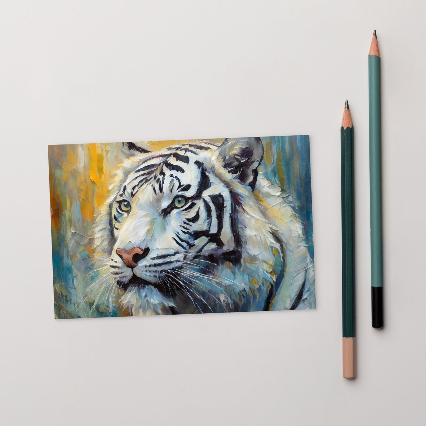 Majestic White Tiger Oil Painting Postcard – Stylish And Elegant Wildlife Art For Nature Lovers – Perfect Gift, Desk Décor For Home & Office