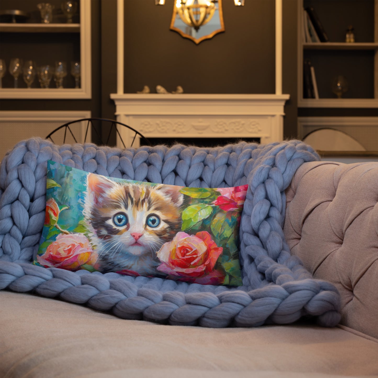 Premium Pillow With Adorable Kitten In Rose Bush Oil Painting – Perfect Gift For Cat & Flower Lovers, Soft And Beautiful Home And Bed Decor