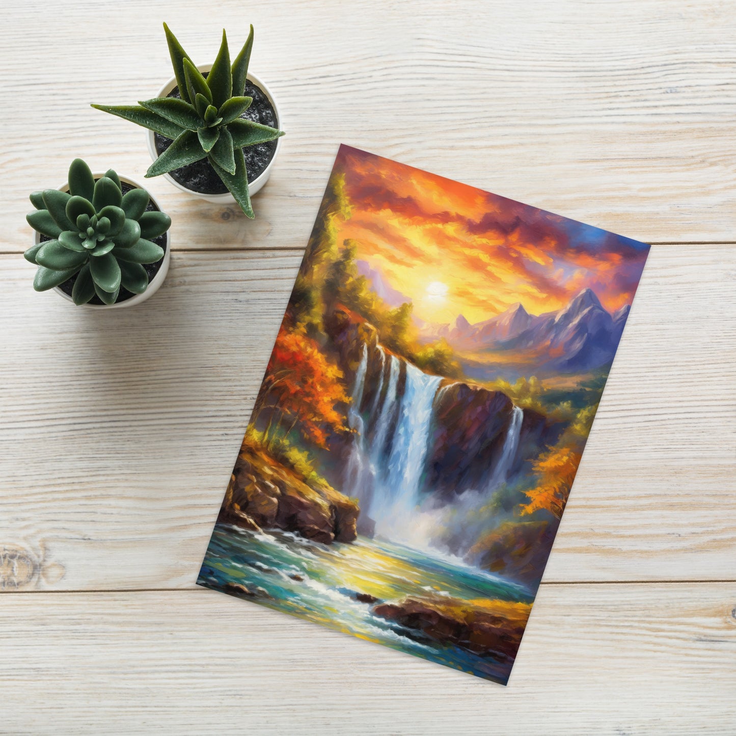 Majestic Waterfall Painting Greeting Card – Stunning Nature Art Print – High-Quality Artwork for Collectors and Nature Enthusiasts