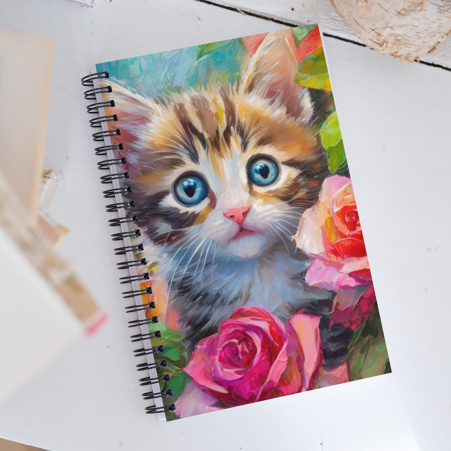 Adorable Kitten In Rose Bush Spiral Notebook - Vibrant, Stylish, And Colorful Oil Painting - Perfect Gift For Nature, Cat, And Flower Lovers