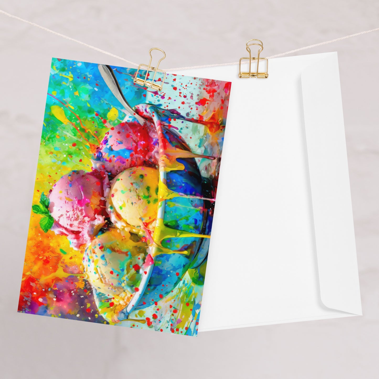 Rainbow Ice Cream Bowl Greeting Card – Vibrant Multicolored Scoops – Perfect for Kids, Birthdays, Thank You Notes, And Fun Special Occasions