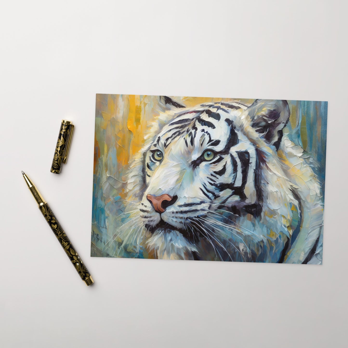Elegant White Tiger Greeting Card – Beautiful Oil Painting Artwork – Majestic Animal Design – Nature Inspired Card – Stylish Stationary Art