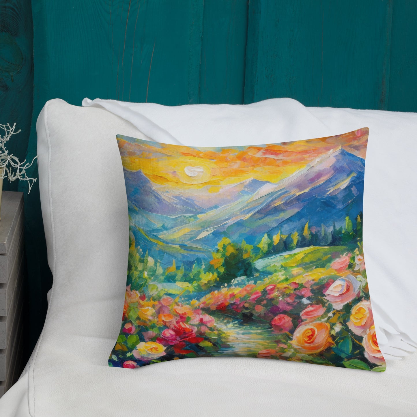 Premium Pillow With Mountain Sunset And Vibrant Rose Path - Nature-Inspired Oil Painting Home Décor - Cozy, Artistic Cushion - A Great Gift
