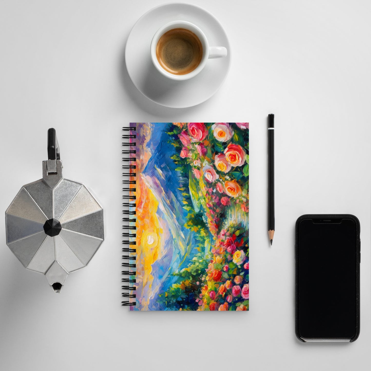 Mountain Sunset Spiral Notebook - Stunning Oil Painting - Vibrant Summer Roses - Ideal for Writing & Sketching - A Gift For Nature Lovers