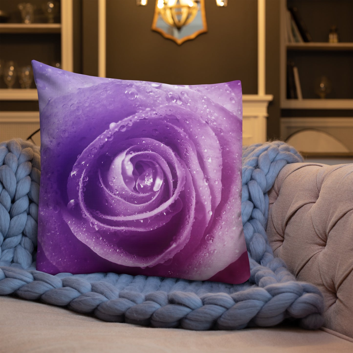 Premium Pillow With Beautiful Pink Rose Photo - Hints Of Purple - Stylish Floral Home Décor, Perfect Gift For Nature And Flower Lovers