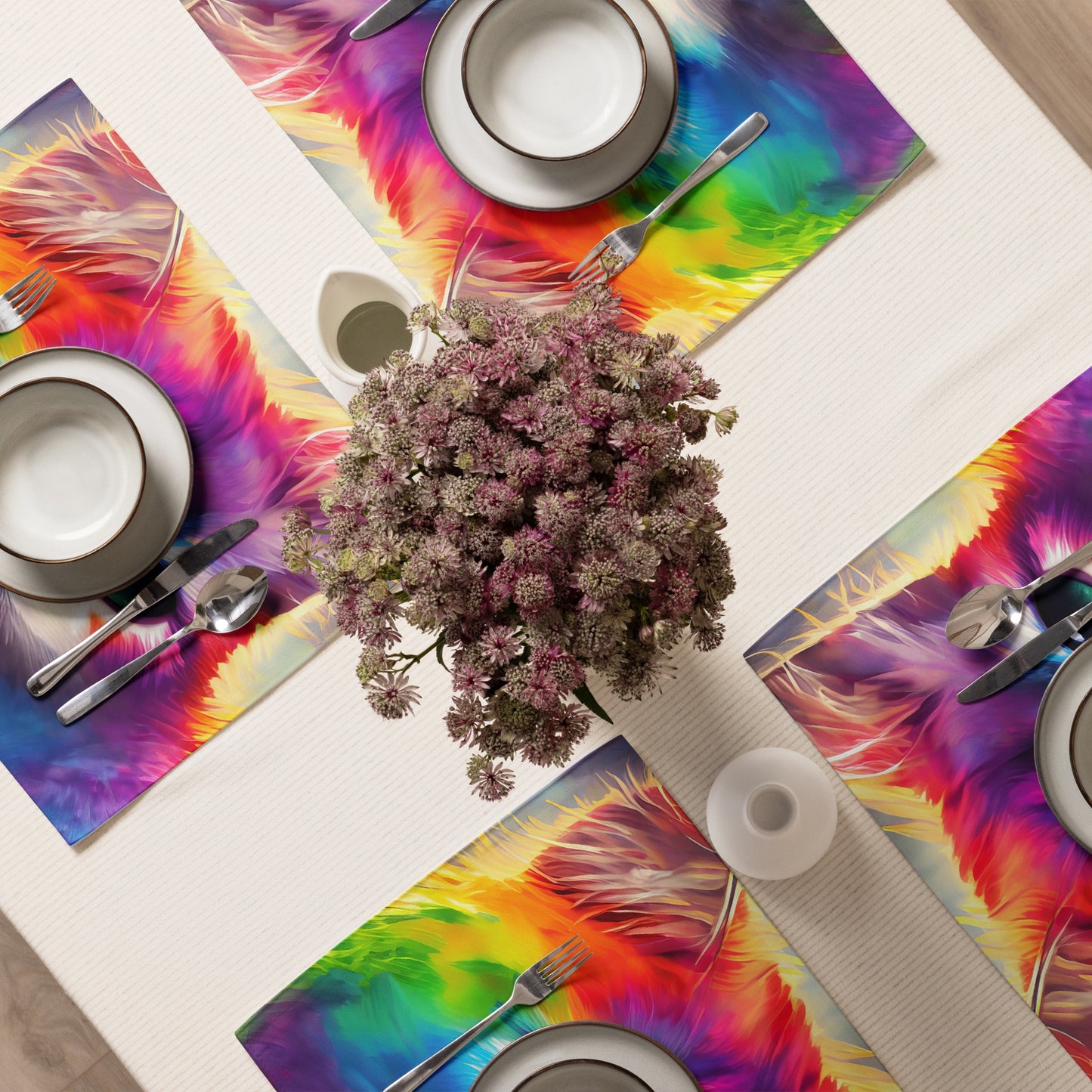 Rainbow Fur Cat Table Placemat Set Of 4 - Vibrant And Fun Painting, Perfect Gift For Kids, Pet Lovers, And Art Enthusiasts