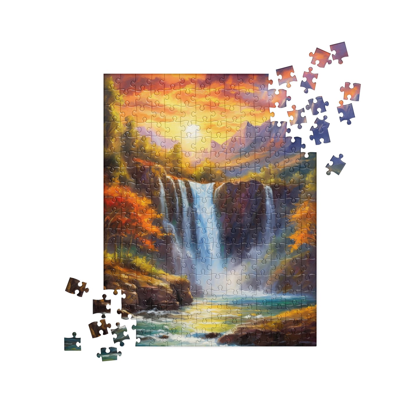 Majestic Mountain Sunset & Waterfall Jigsaw Puzzle - Scenic Oil Painting, Colorful And Stylish, Perfect Fine Art Gift For Family And Friends