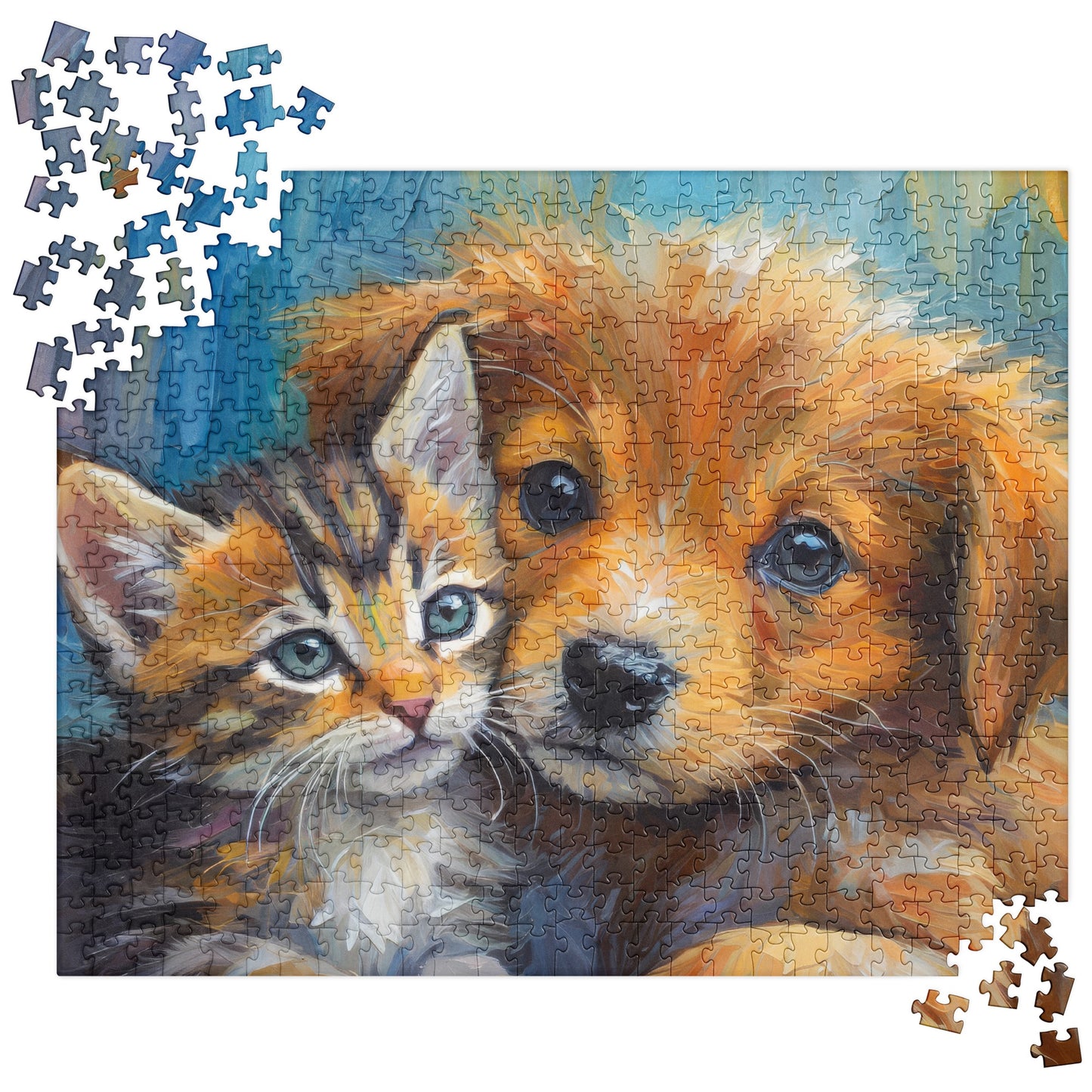 Adorable Kitten And Puppy Jigsaw Puzzle - Vibrant And Stylish Oil Painting, Perfect Gift For Kids, Families, Pet Lovers And Art Enthusiasts