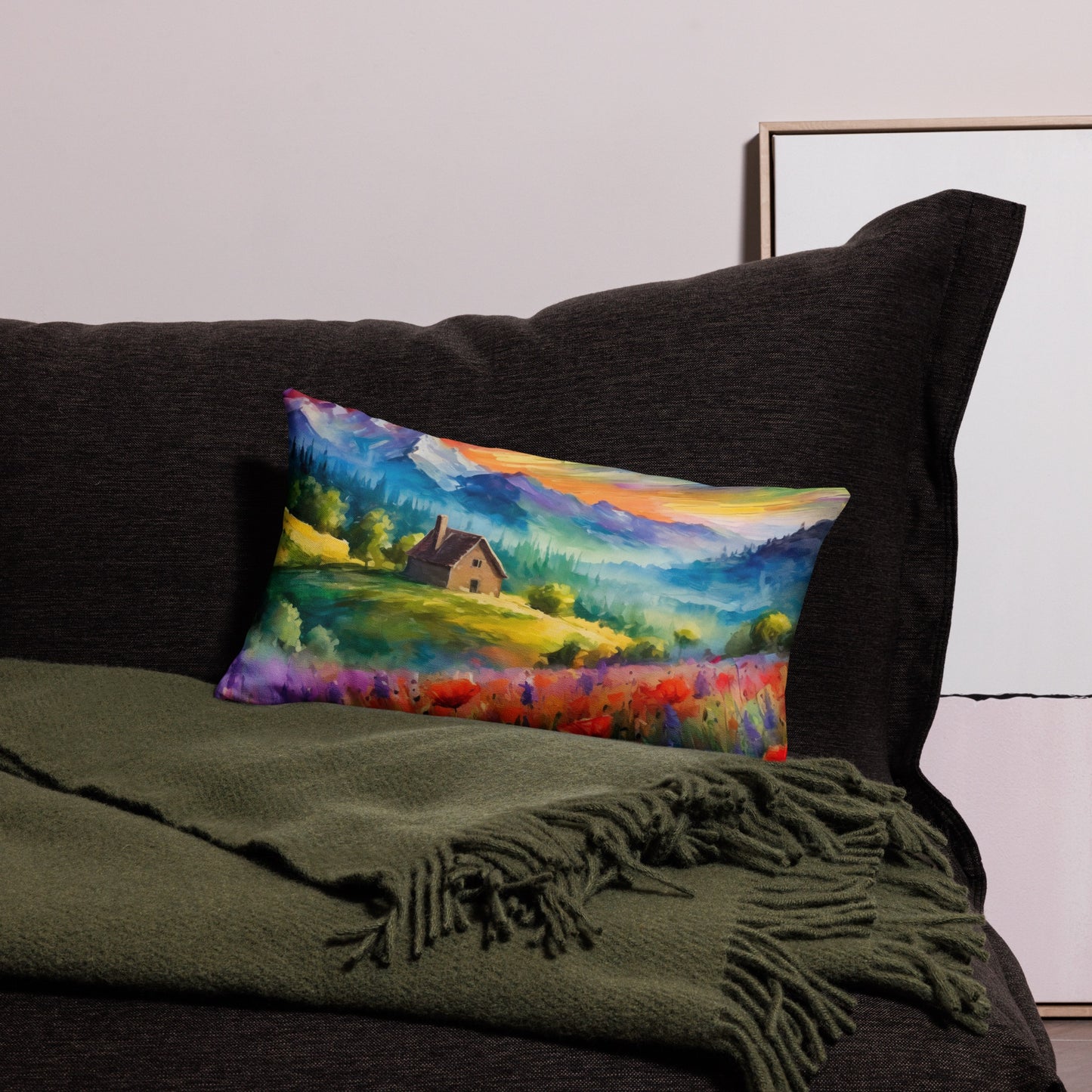 Premium Pillow With Van Gogh-Inspired Colorful Mountain Sunset Oil Painting – Vibrant Cabin & Flower Fields, Perfect For A Home Decor Gift