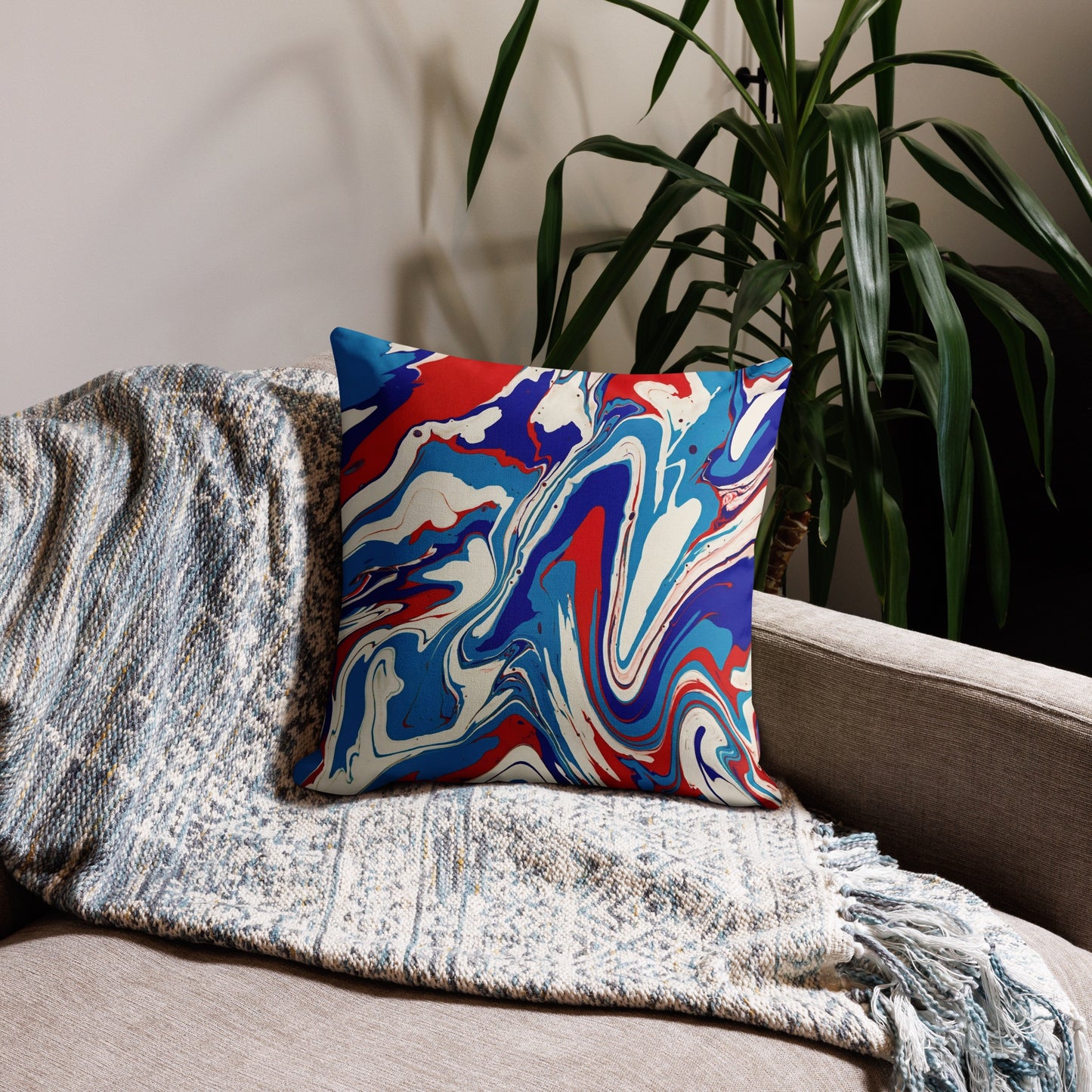 Premium Pillow With Vibrant Red, White, and Blue Acrylic Flow Painting - Elegant Abstract Art Gift For Bedroom And Living Room Couch Decor