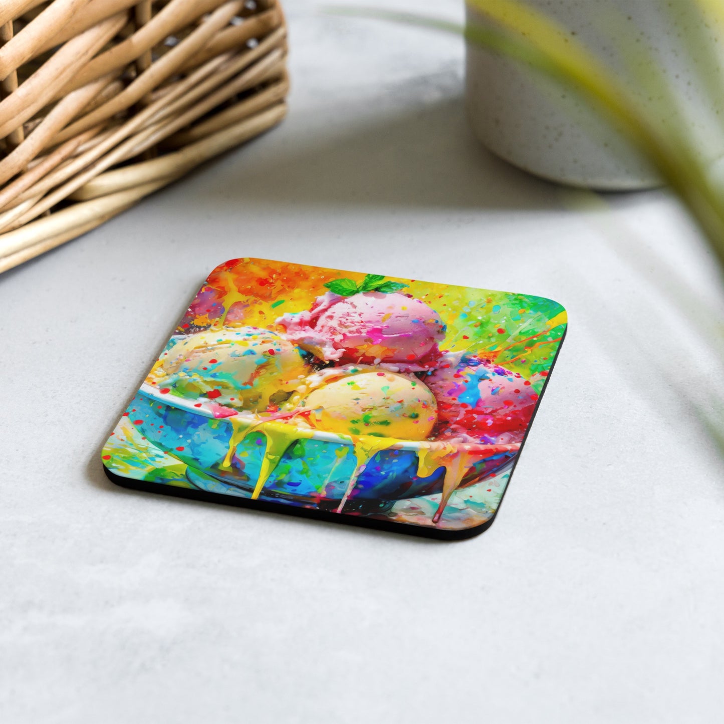 Vibrant Ice Cream Bowl Cork-Back Coaster - Colorful Oil Painting with Rainbow Background - Stylish, Artsy and Fun - Home And Kitchen Décor