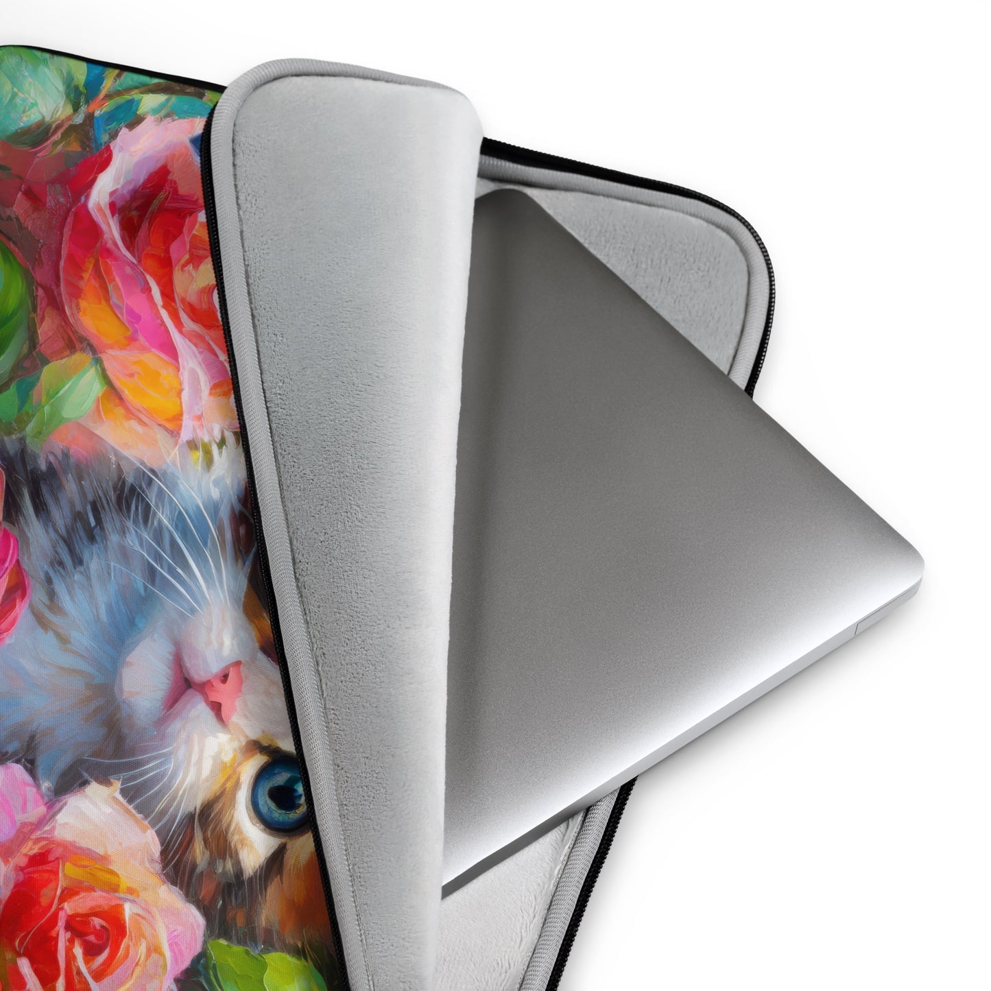 Adorable Kitten In Rose Bush Laptop Sleeve - Vibrant, Stylish & Colorful Oil Painting - Perfect Gift For Nature, Cat And Flower Lovers Alike