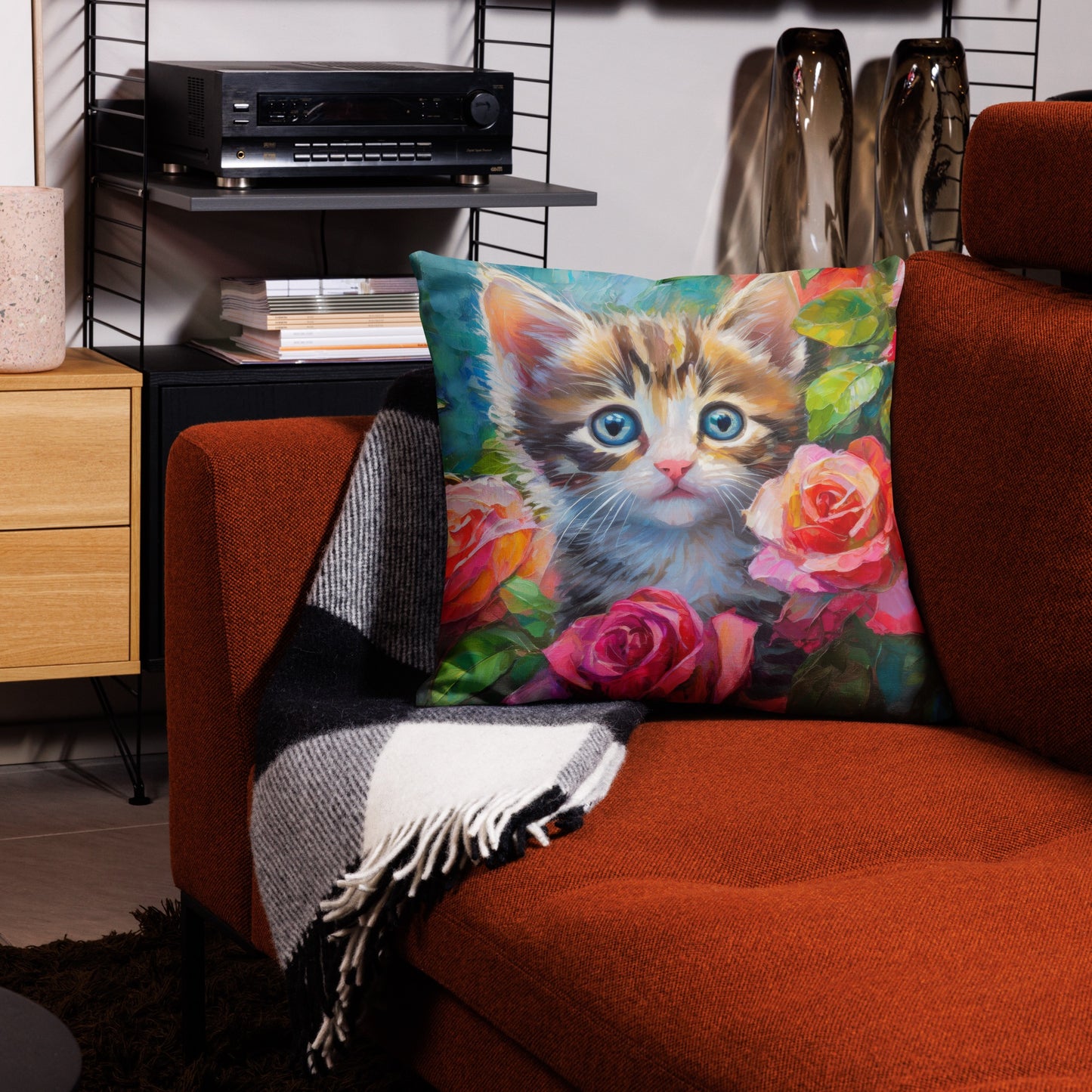 Premium Pillow With Adorable Kitten In Rose Bush Oil Painting – Perfect Gift For Cat & Flower Lovers, Soft And Beautiful Home And Bed Decor