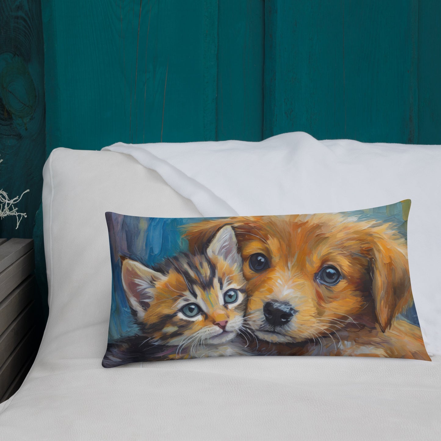 Premium Pillow with Vibrant Oil Painting of Kitten and Puppy Cuddling | Home Décor | Perfect Gift for Kids, Pet Lovers, Dog & Cat Lovers