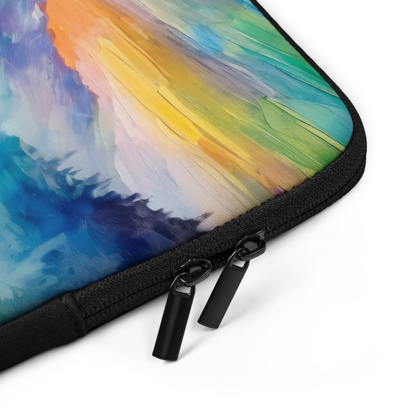 Artistic Van Gogh Style Laptop Sleeve - Scenic Mountain Sunset, Multicolored Sky, Cozy Cabin & Vibrant Flowers - Stylish Protective Case