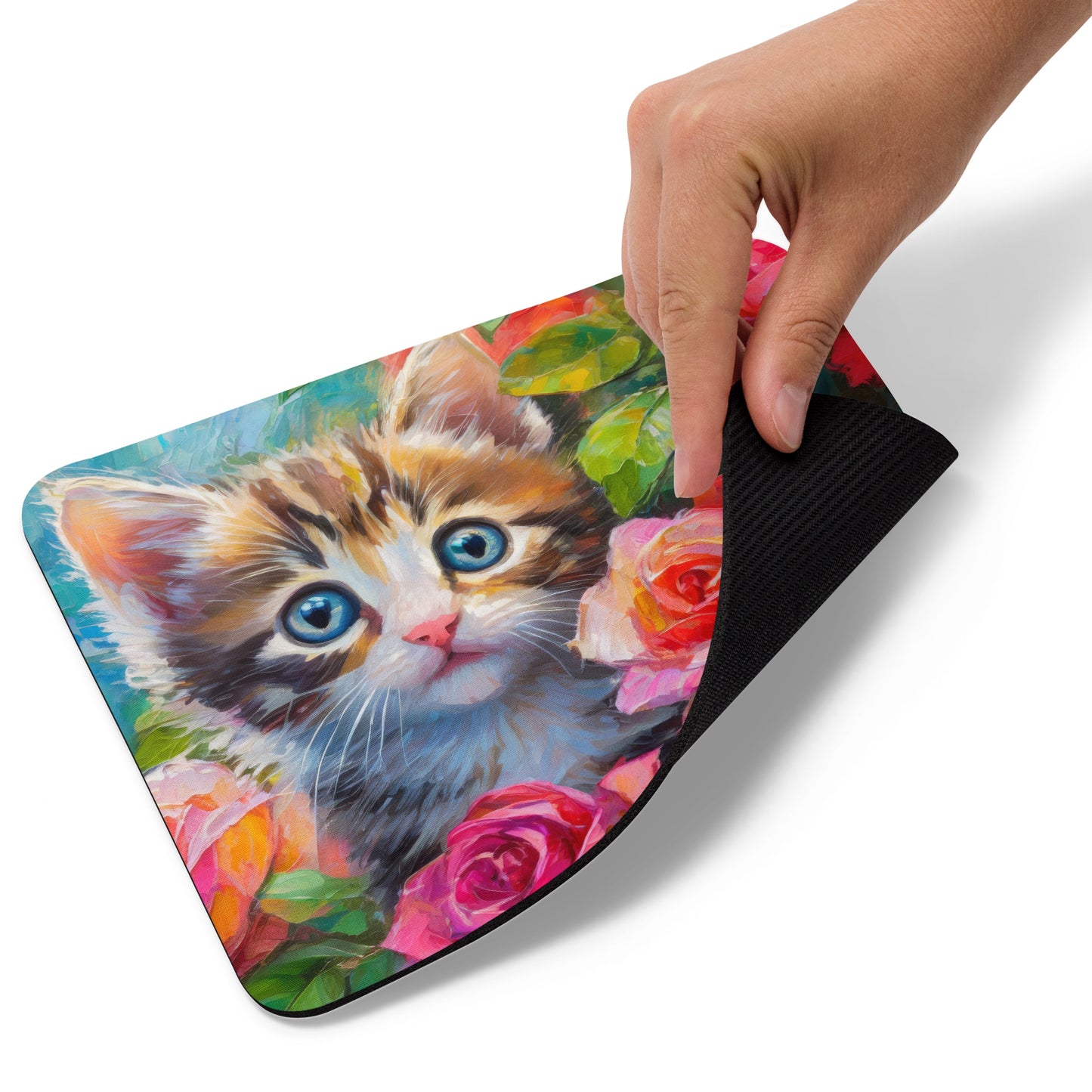 Adorable Kitten in Rose Bush Mouse Pad - Vibrant Oil Painting - Stylish And Colorful Desk Accessory Or Gift For Cat, Nature, Flower Lovers