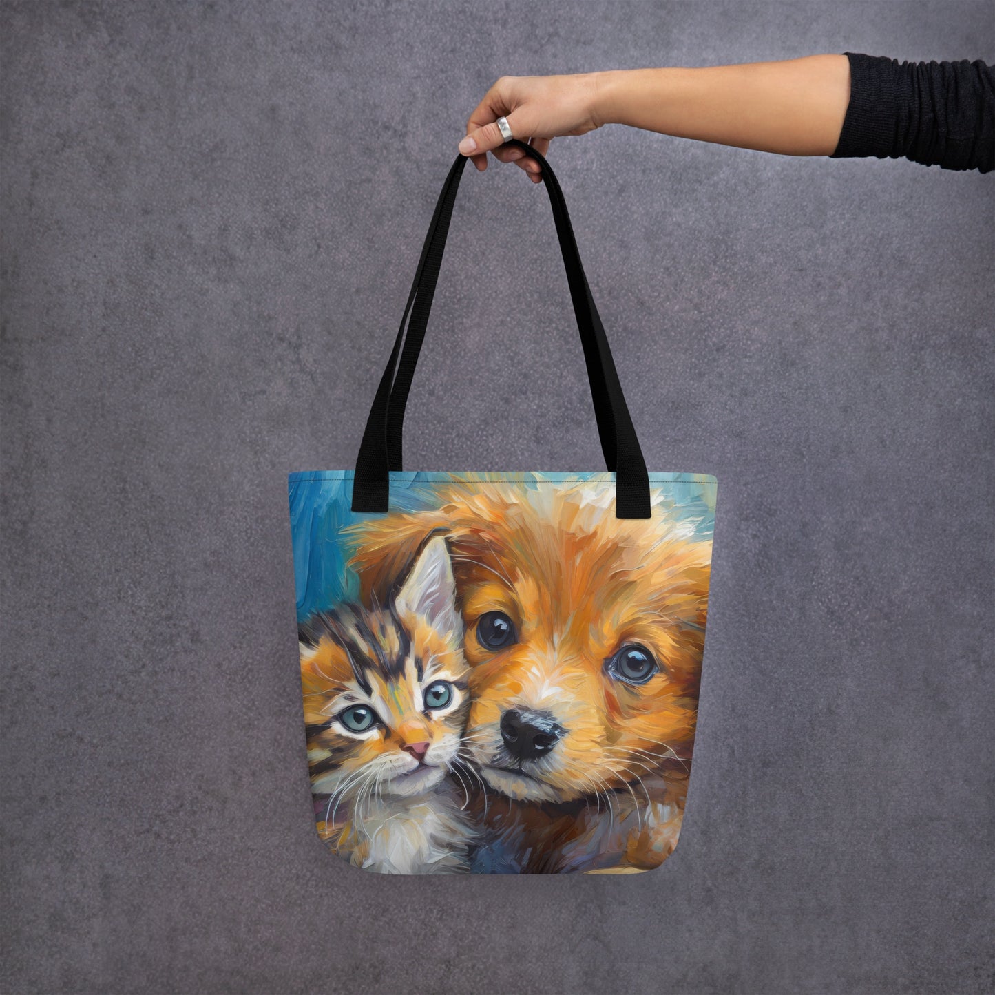 Adorable Kitten And Puppy Cuddling Oil Painting Tote Bag - Stylish Pet Lovers Tote Bag - Cute Animal Art Design - Makes A Great Gift Too