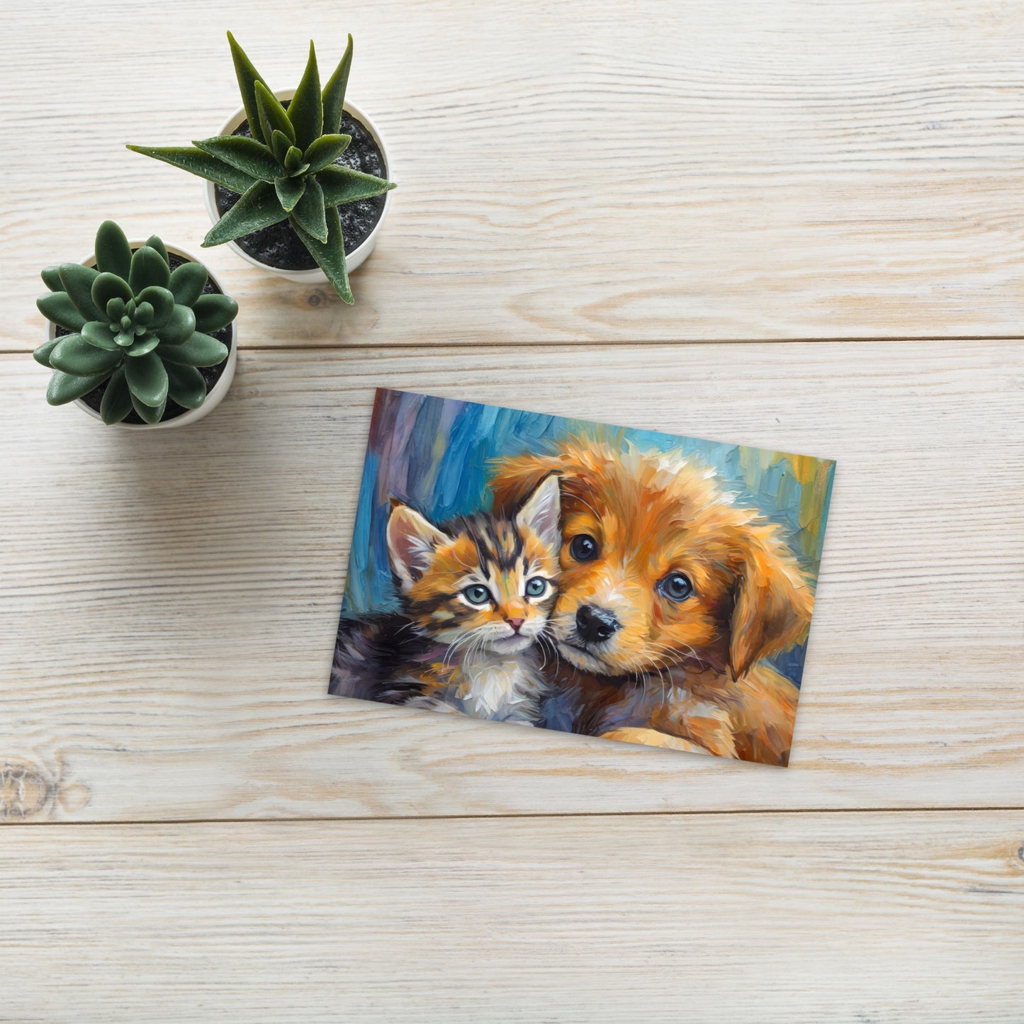 Adorable Kitten & Puppy Post Card - Perfect Gift For Kids, Pet Lovers, Dog And Cat Enthusiasts And Art Collectors - Home Stationary Décor