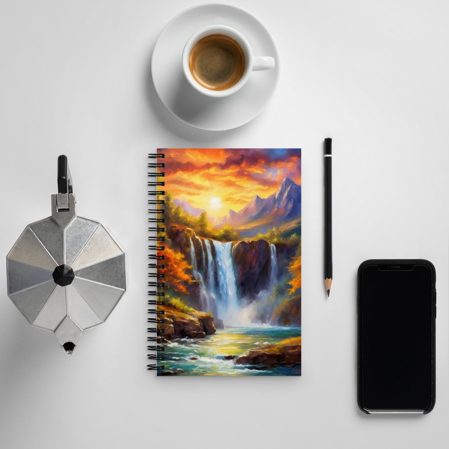 Scenic Mountain Range Spiral Notebook – Autumn Sunset, Majestic Waterfall, Colorful Artistic Cover, Perfect for Home & Country Décor Gift