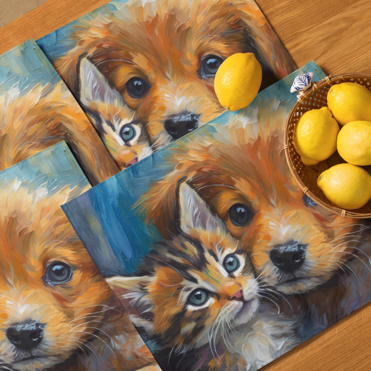 Adorable Kitten And Puppy Table Placemat Set of 4 - Colorful Oil Painting, Perfect Gift For Kids, Pet Lovers, And Art Enthusiasts