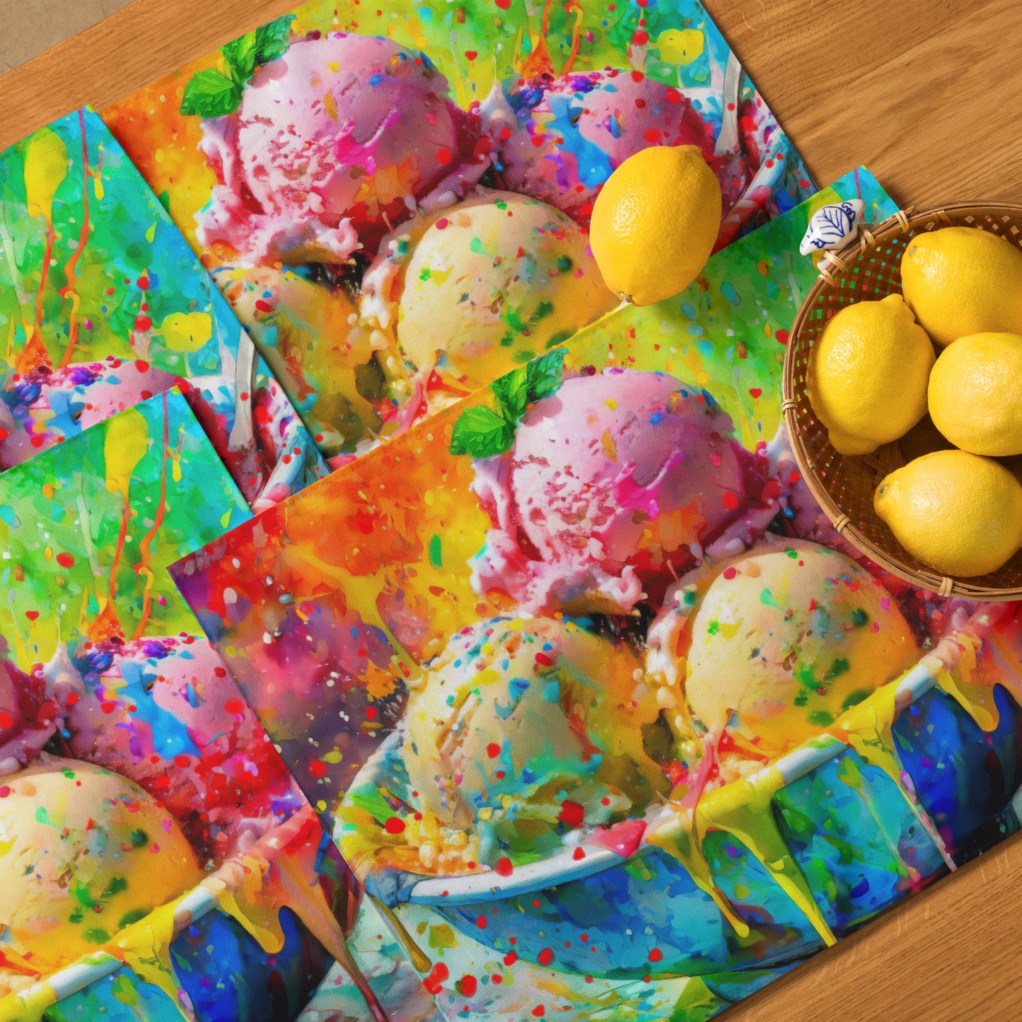 Colorful Ice Cream Table Placemat Set of 4 - Vibrant Oil Painting, Rainbow Background, Perfect for Fun and Festive Occasions