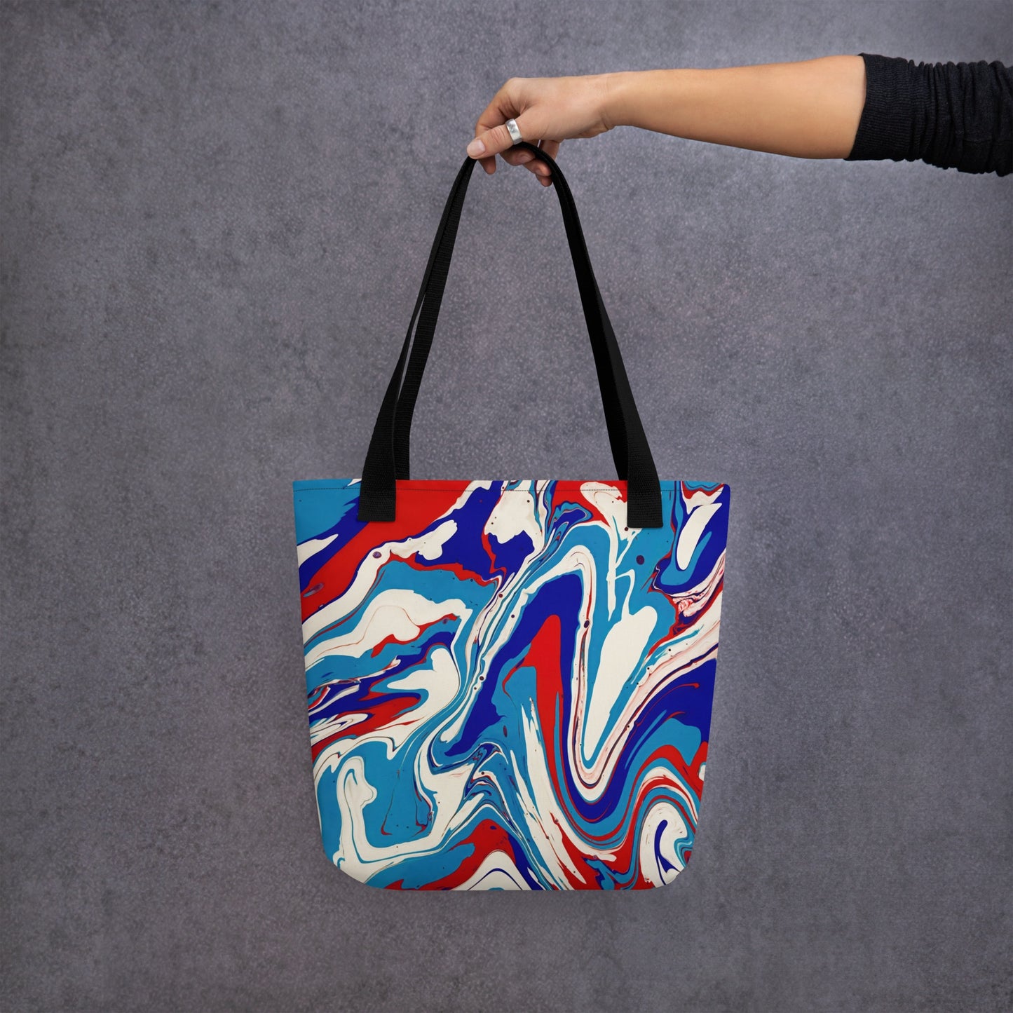 Elegant Durable Tote Bag With Vibrant Red, White, And Blue Acrylic Flow Painting - Stylish Abstract Art Gift For Everyday Use And Shopping