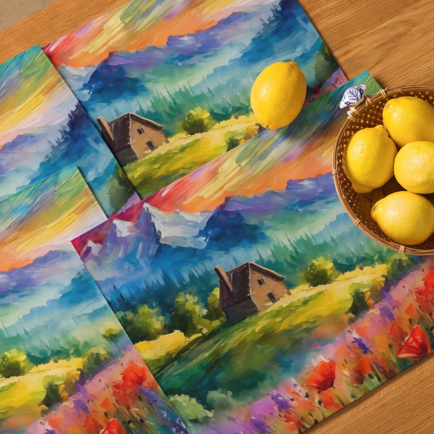 Colorful Mountain Sunset Table Placemat Set Of 4 - Scenic Oil Painting, Van Gogh Style, Perfect For Nature Lovers And Art Enthusiasts