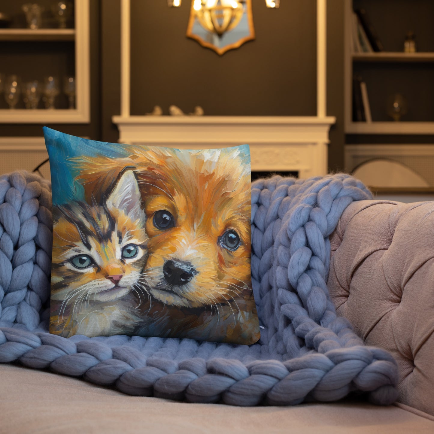 Premium Pillow with Vibrant Oil Painting of Kitten and Puppy Cuddling | Home Décor | Perfect Gift for Kids, Pet Lovers, Dog & Cat Lovers