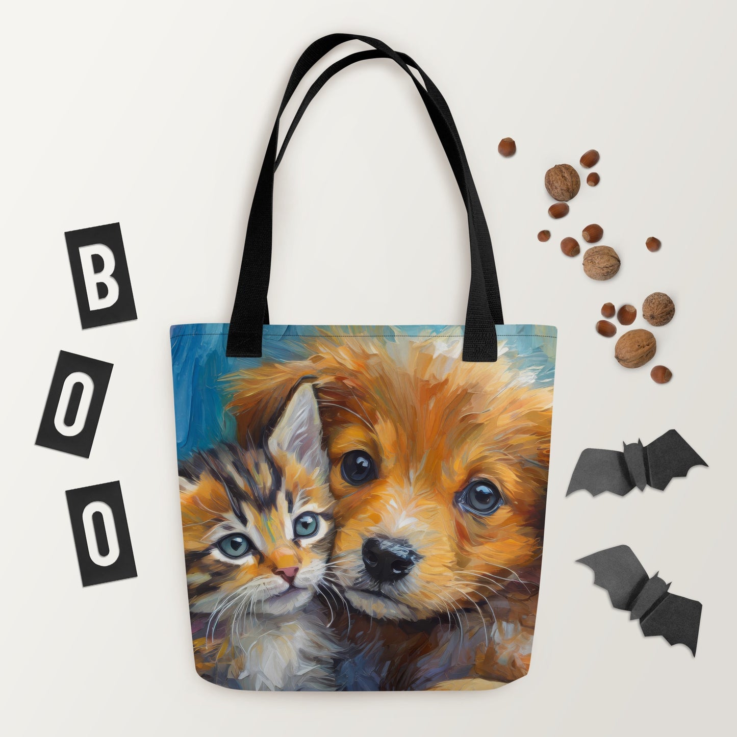 Adorable Kitten And Puppy Cuddling Oil Painting Tote Bag - Stylish Pet Lovers Tote Bag - Cute Animal Art Design - Makes A Great Gift Too