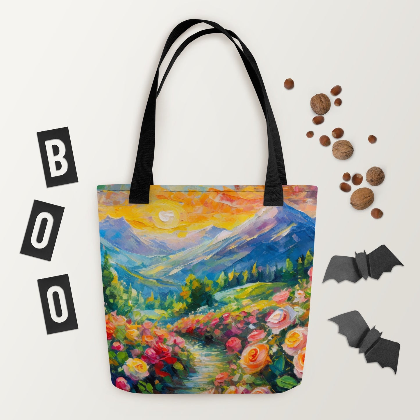 Majestic Mountain Sunset Tote Bag - Vibrant And Stylish Oil Painting, Reusable And Eco-Friendly, Perfect for Nature Lovers & Art Enthusiasts