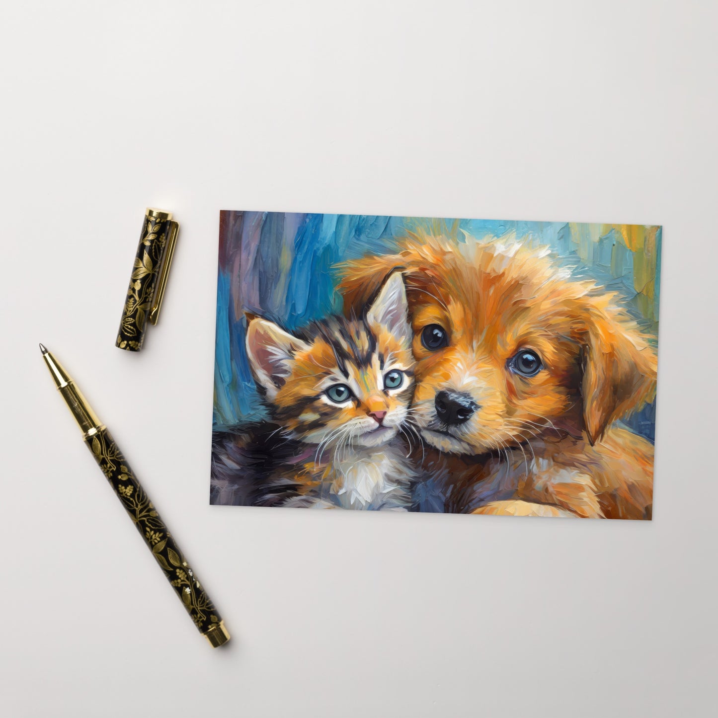 Adorable Kitten & Puppy Post Card - Perfect Gift For Kids, Pet Lovers, Dog And Cat Enthusiasts And Art Collectors - Home Stationary Décor