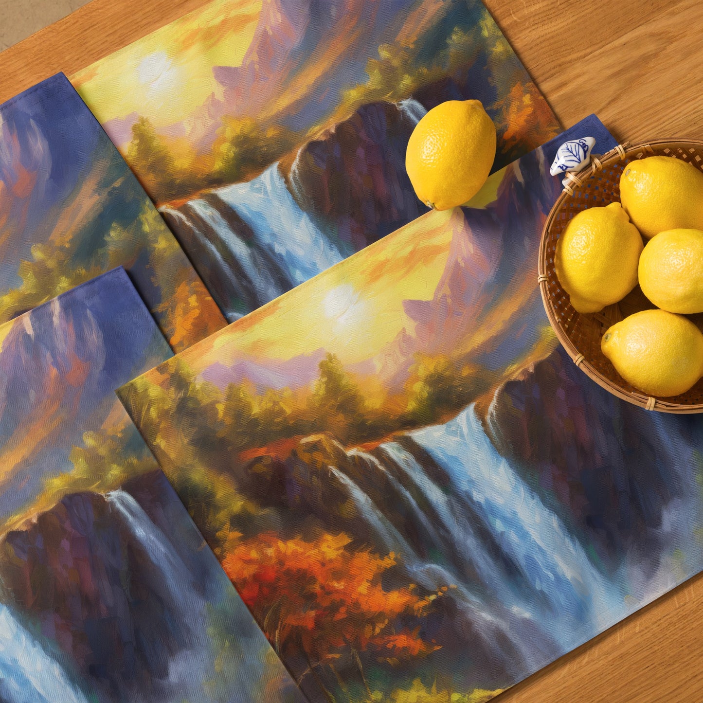 Autumn Mountain Sunset Table Placemat Set of 4 - Scenic Oil Painting, Majestic Waterfall, Perfect For Home, Kitchen And Country Table Décor