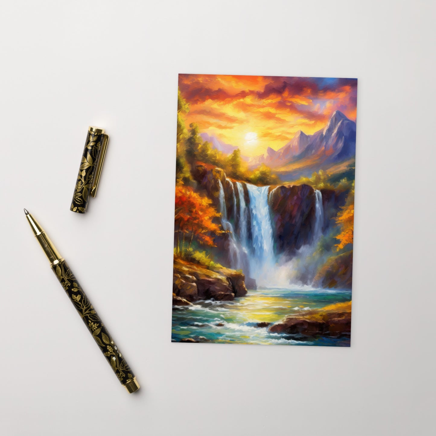 Scenic Mountain Waterfall Postcard - Autumn Sunset Oil Painting - Vibrant and Stylish Home & Country Décor - Perfect Gift For Nature Lovers