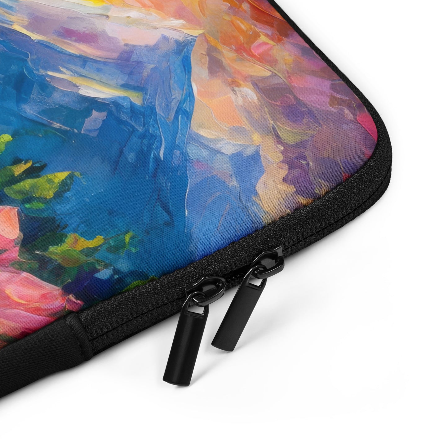 Majestic Mountain Sunset Laptop Sleeve - Vibrant Oil Painting With Roses, Path, And Fun Colorful Stylish Design For Art Lovers And Travelers