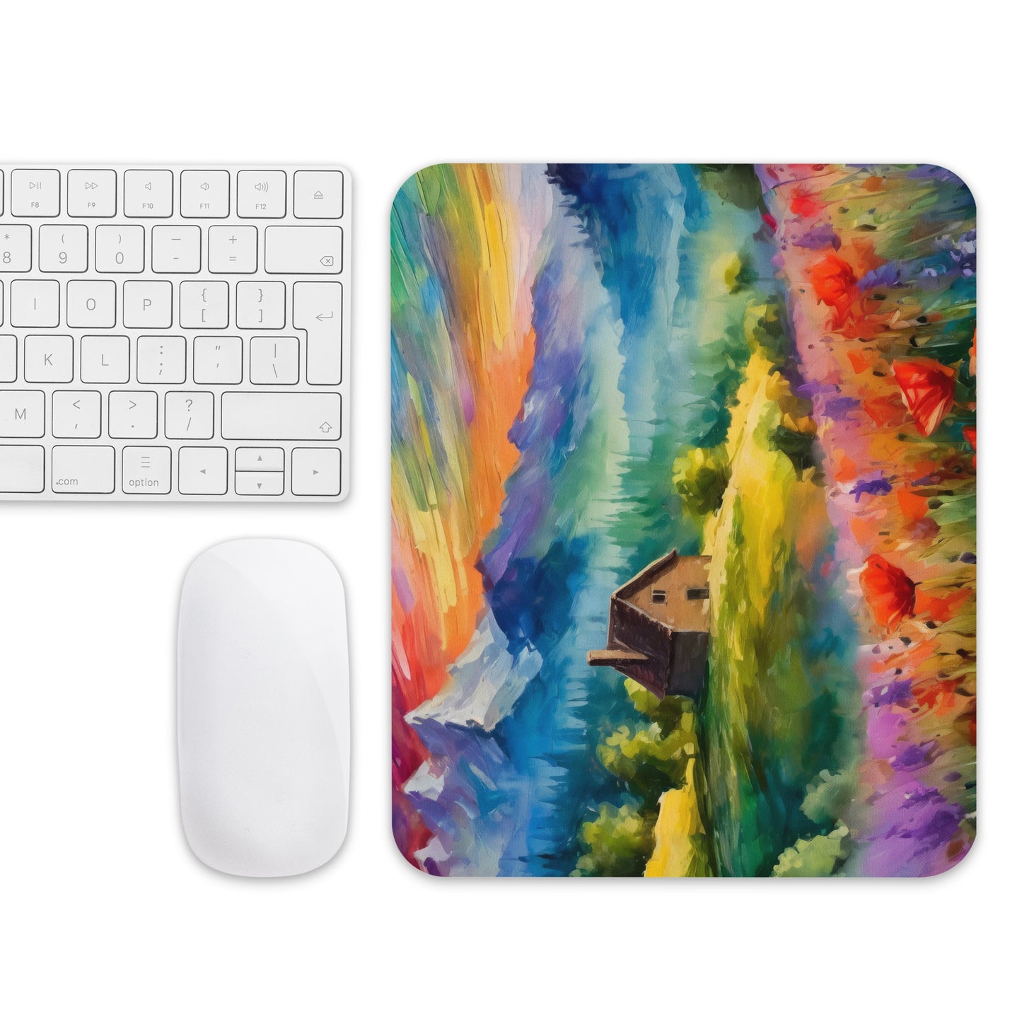 Majestic Mountain Sunset Mouse Pad - Van Gogh Style Oil Painting - Colorful Cabin & Flower Fields - Perfect For Any Room - Great Gift Idea