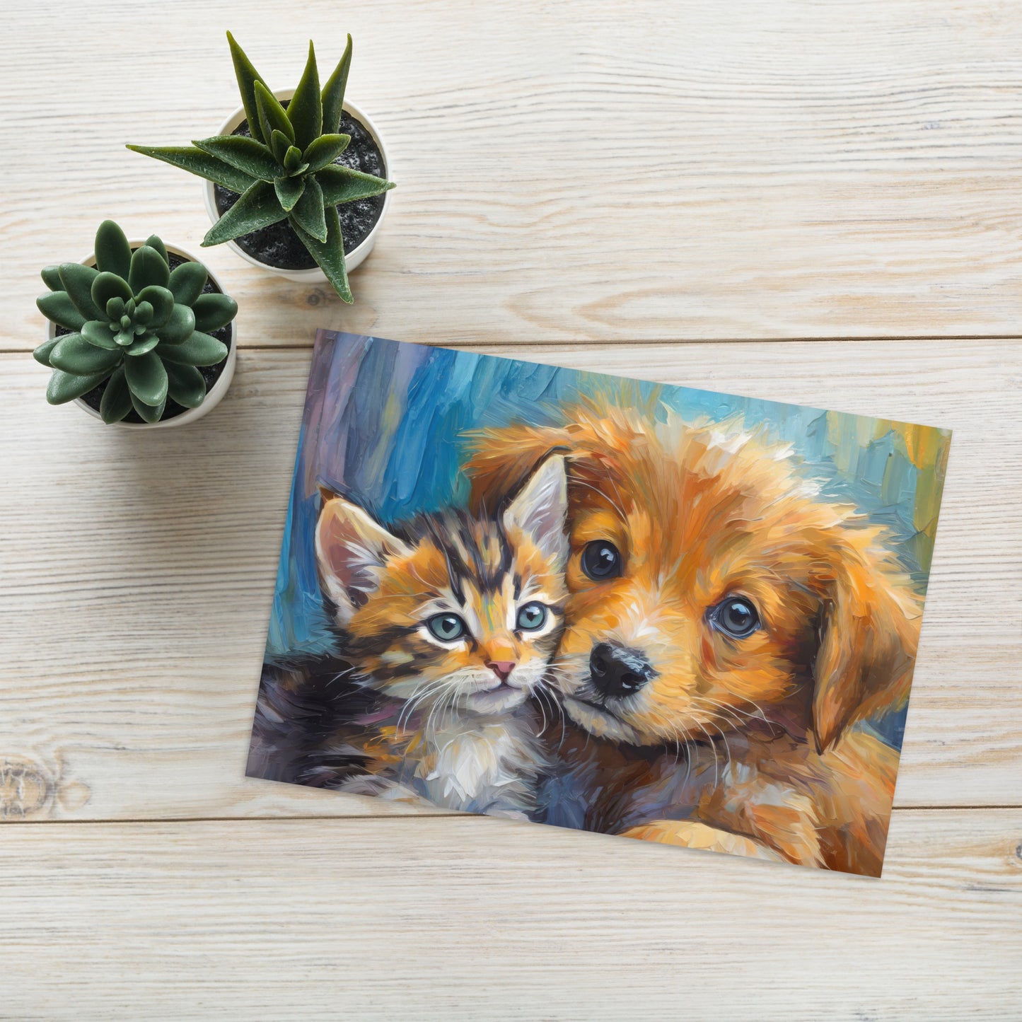 Adorable Kitten And Puppy Cuddling Greeting Card – Vibrant & Stylish Oil Painting - A Perfect Gift For Pet Lovers - Great For Any Occasion