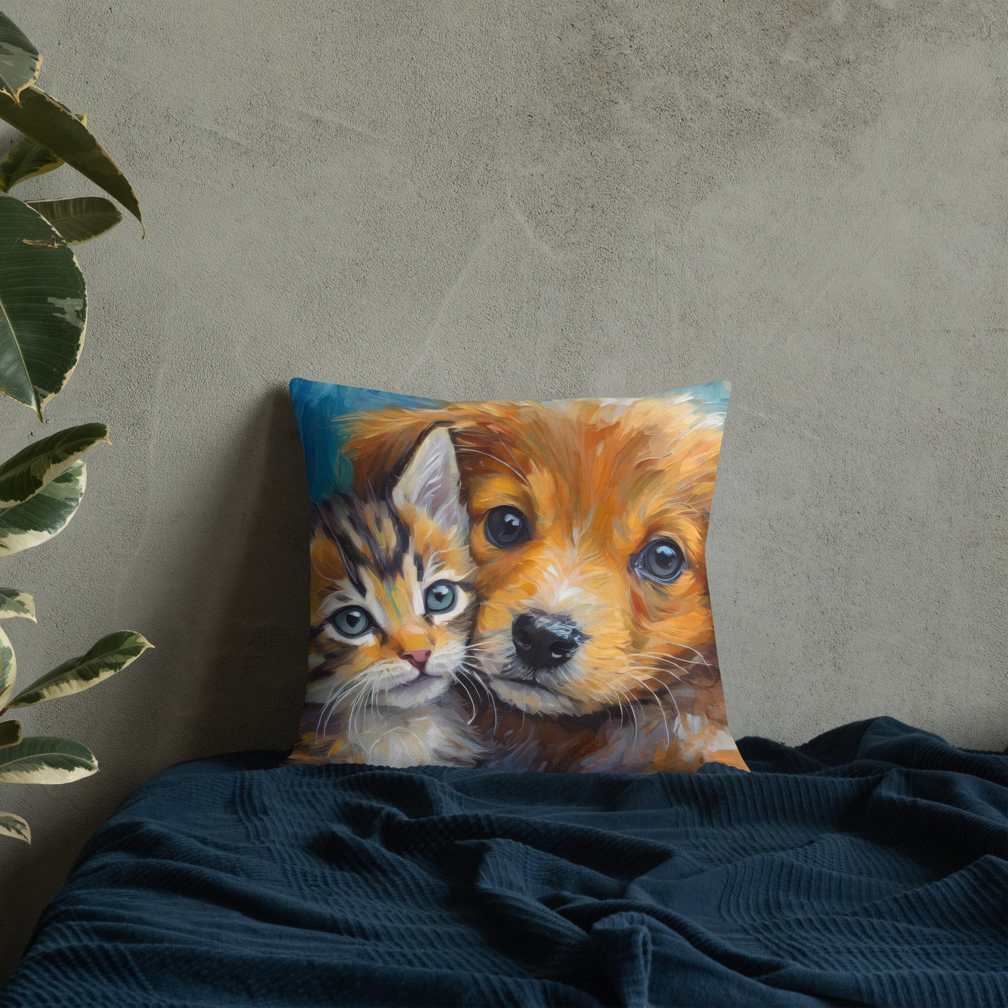 Premium Pillow with Vibrant Oil Painting of Kitten and Puppy Cuddling | Home Décor | Perfect Gift for Kids, Pet Lovers, Dog & Cat Lovers