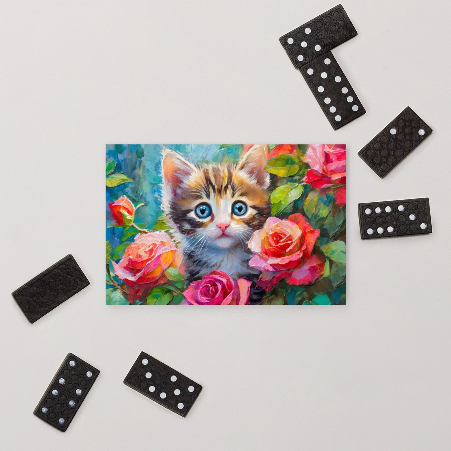 Adorable Kitten In Rose Bush Postcard - Vibrant Oil Painting - Stylish Gift For Cat, Nature, And Flower Lovers, Beautiful Stationary Decor