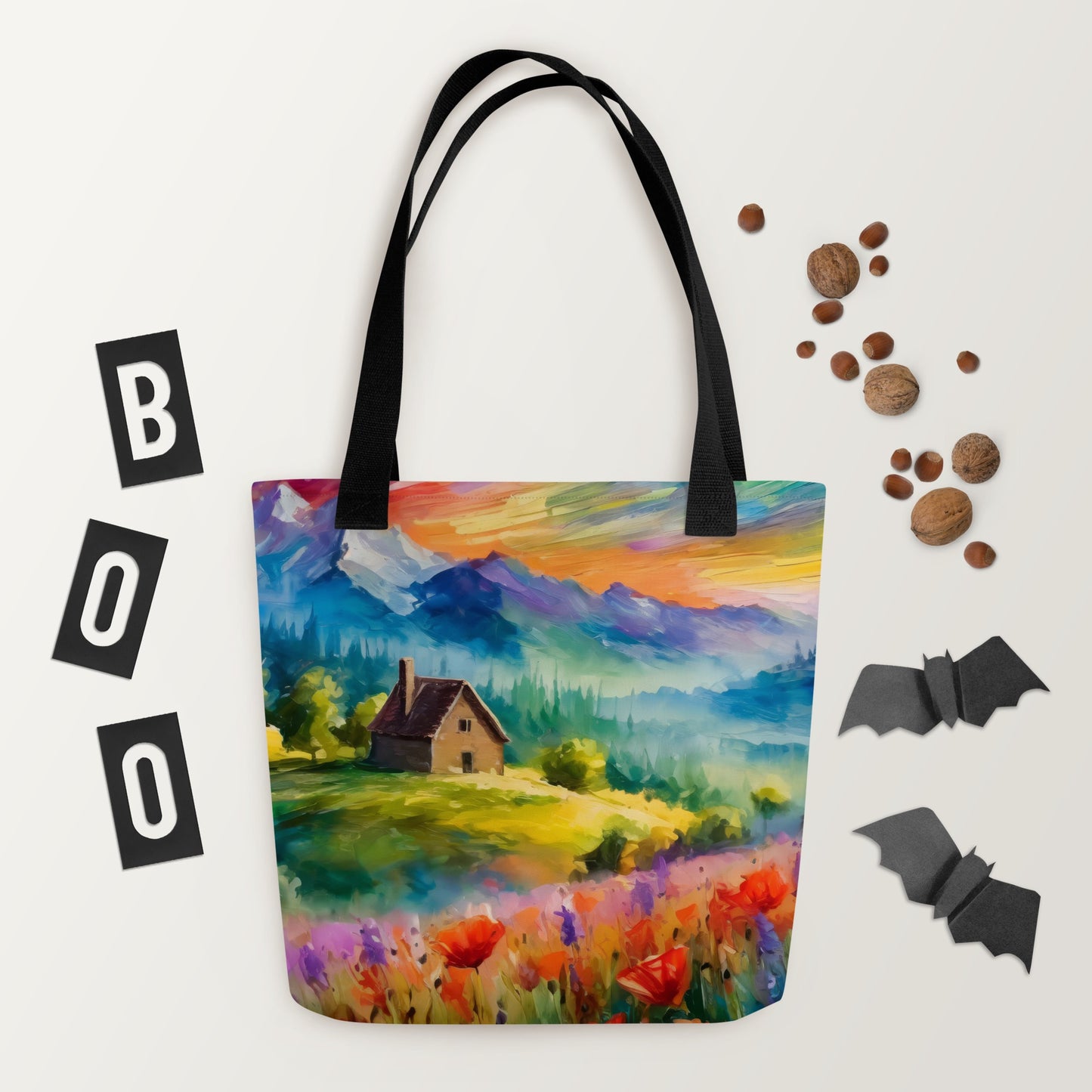 Majestic Cabin In The Mountains Tote Bag - Colorful Sunset Vibrant Van Gogh-Inspired Oil Painting, Perfect For Shopping And Everyday Use