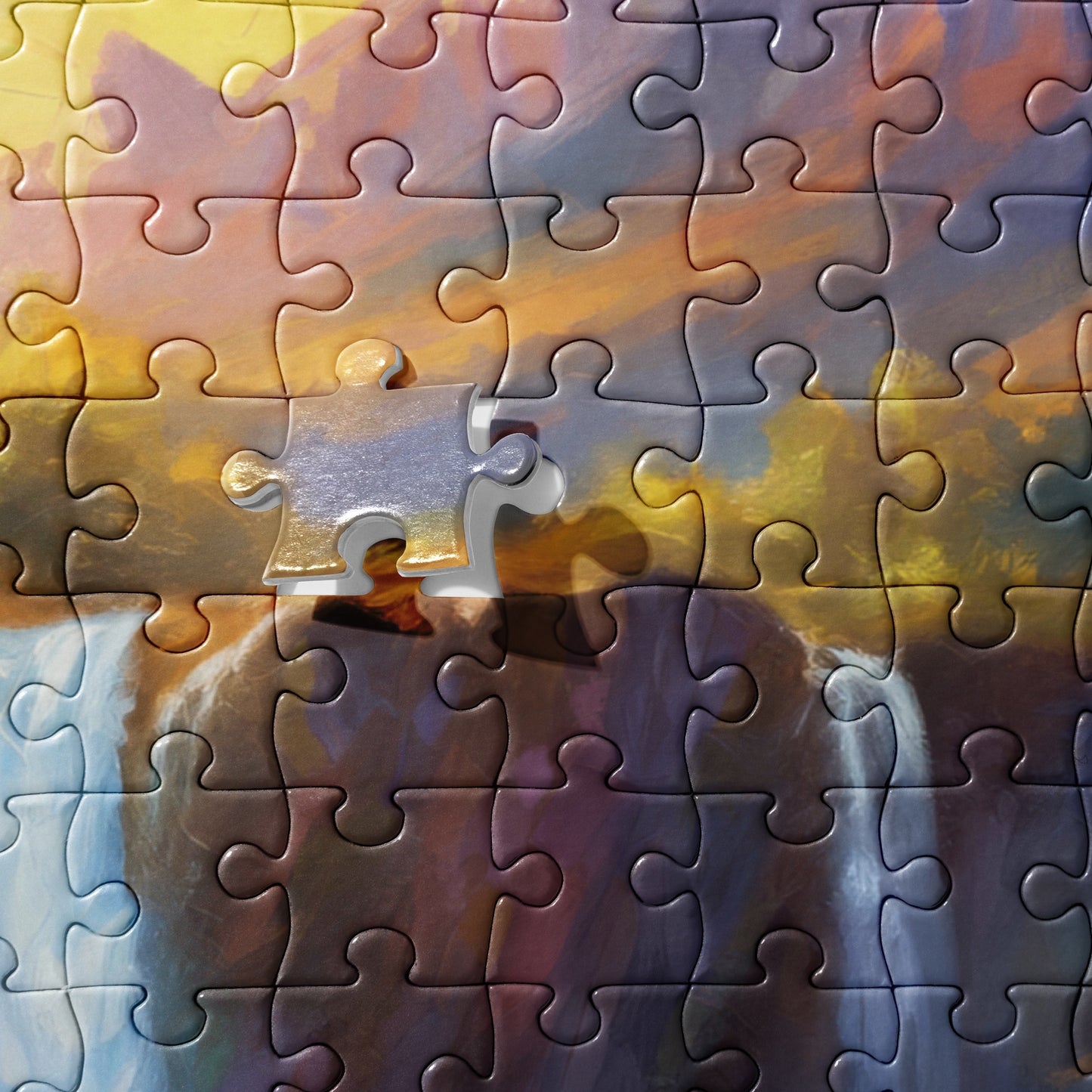 Majestic Mountain Sunset & Waterfall Jigsaw Puzzle - Scenic Oil Painting, Colorful And Stylish, Perfect Fine Art Gift For Family And Friends