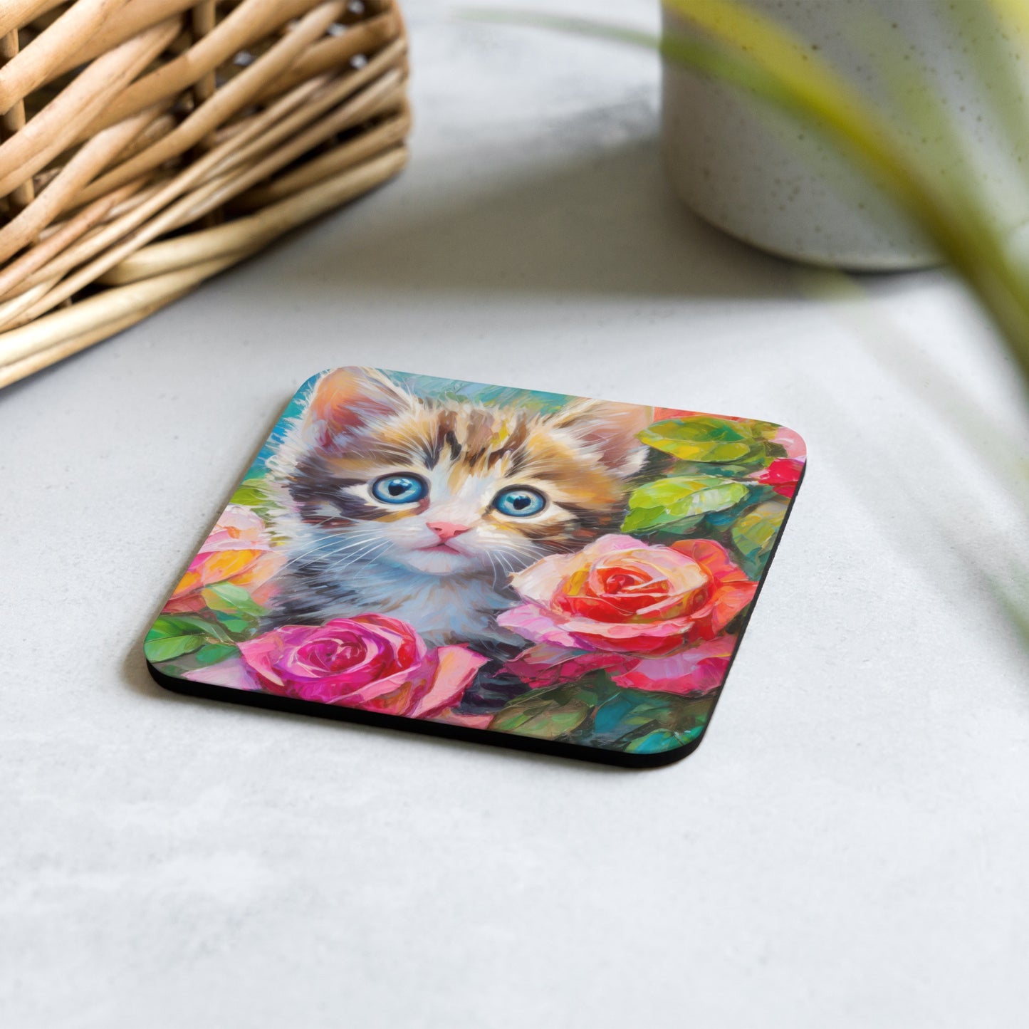 Charming Kitten in Hiding In Rose Bush Cork-back Coaster – Beautiful Oil Painting –  Perfect for Cat Lovers – Elegant Home & Kitchen Décor