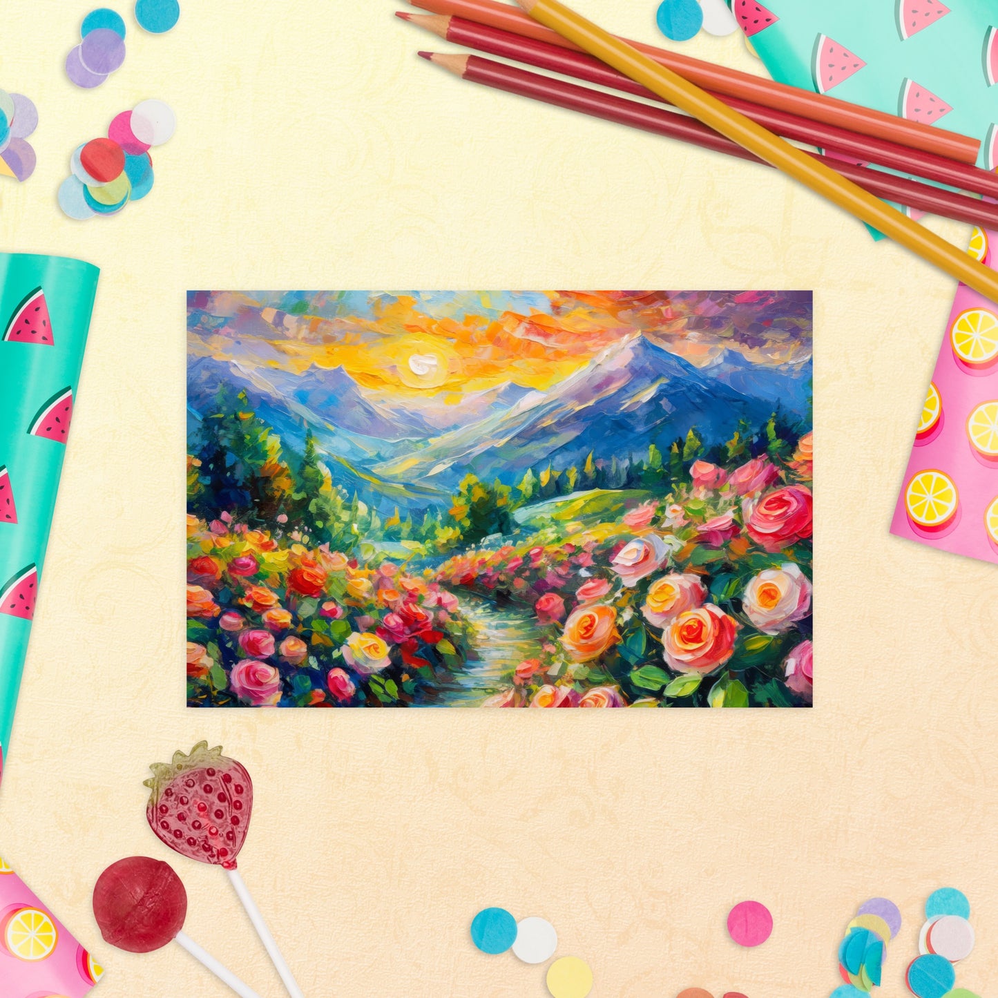 Majestic Mountain Sunset Postcard - Vibrant Oil Painting With Roses & Grass Path - Stylish, Colorful Scenic View - Great For All Occasions