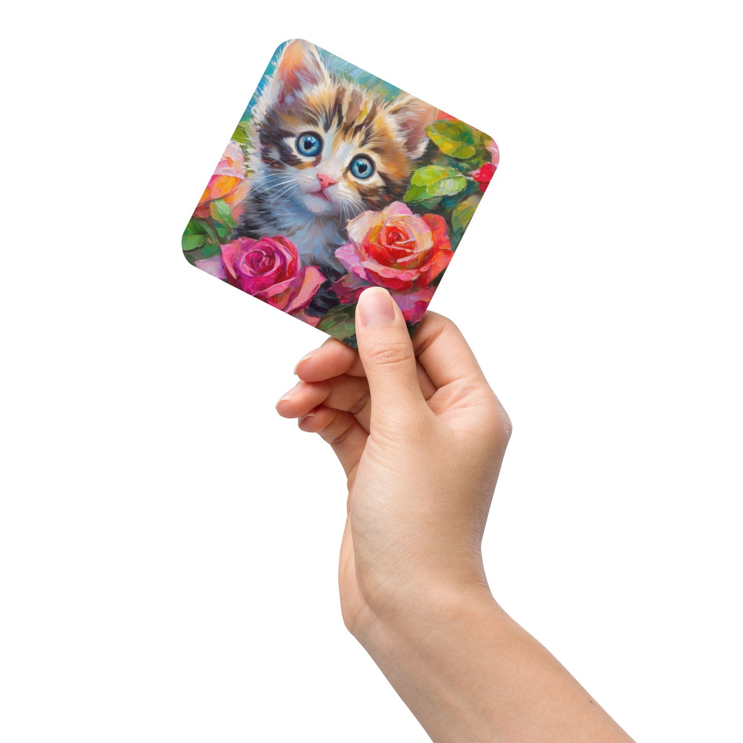 Charming Kitten in Hiding In Rose Bush Cork-back Coaster – Beautiful Oil Painting –  Perfect for Cat Lovers – Elegant Home & Kitchen Décor